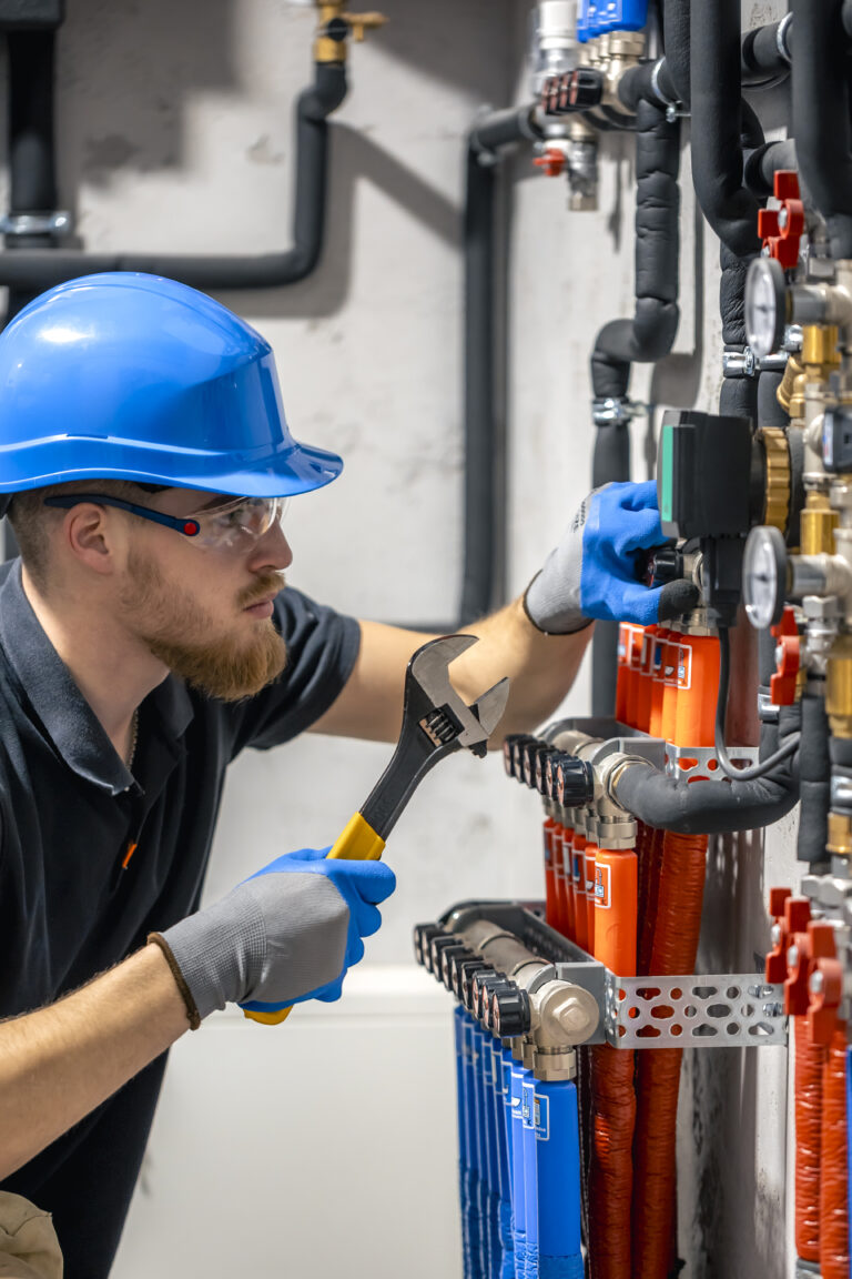 Chauffagiste contrôlant un système de chauffage en chaufferie